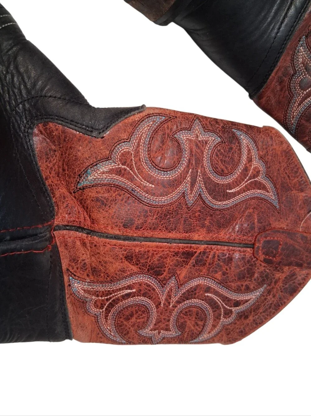 Old West Broad Square Toe Western Cowboy Boots Black & Maroon 2.5D Youth Size